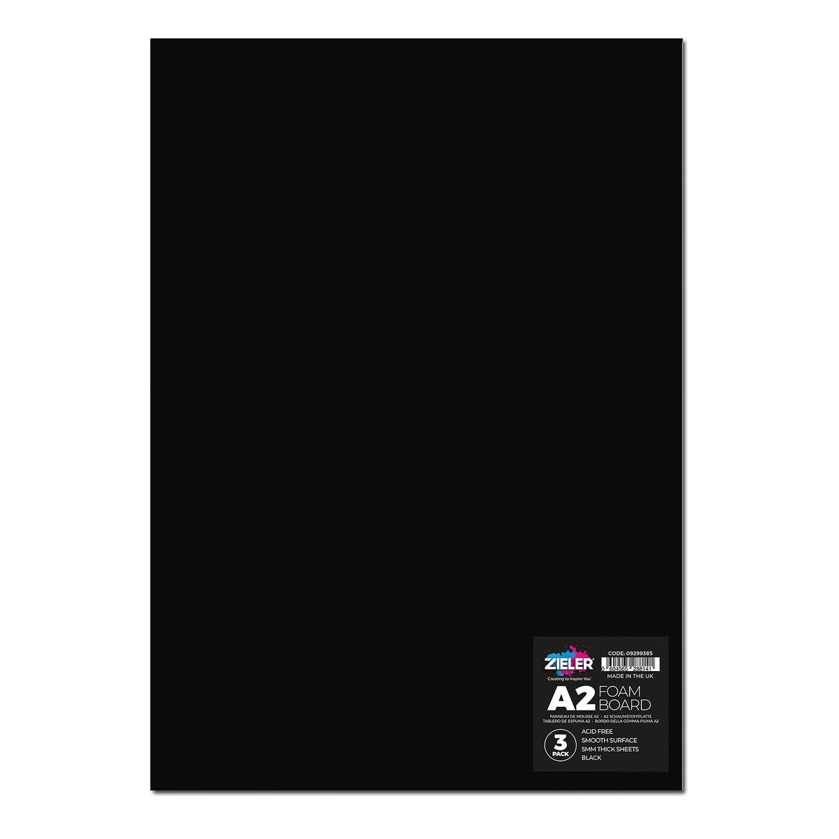 A black A2 foam board sheet with a small white and blue Zieler brand label in the bottom right corner, shown against a plain white background.