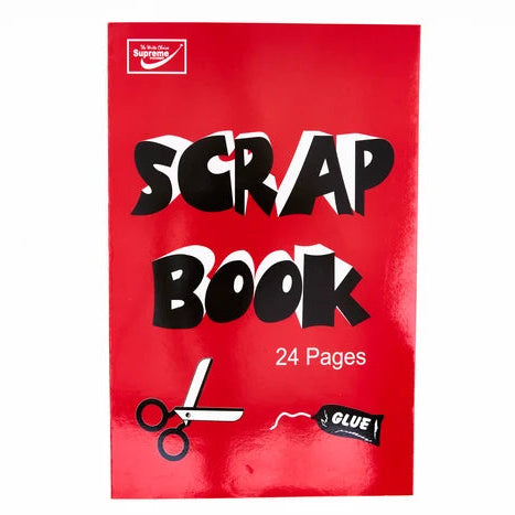 A red scrapbook book with bold black text reading 'SCRAP BOOK' and '24 Pages' on the cover, plus small scissors and glue graphics, shown on a plain white background.