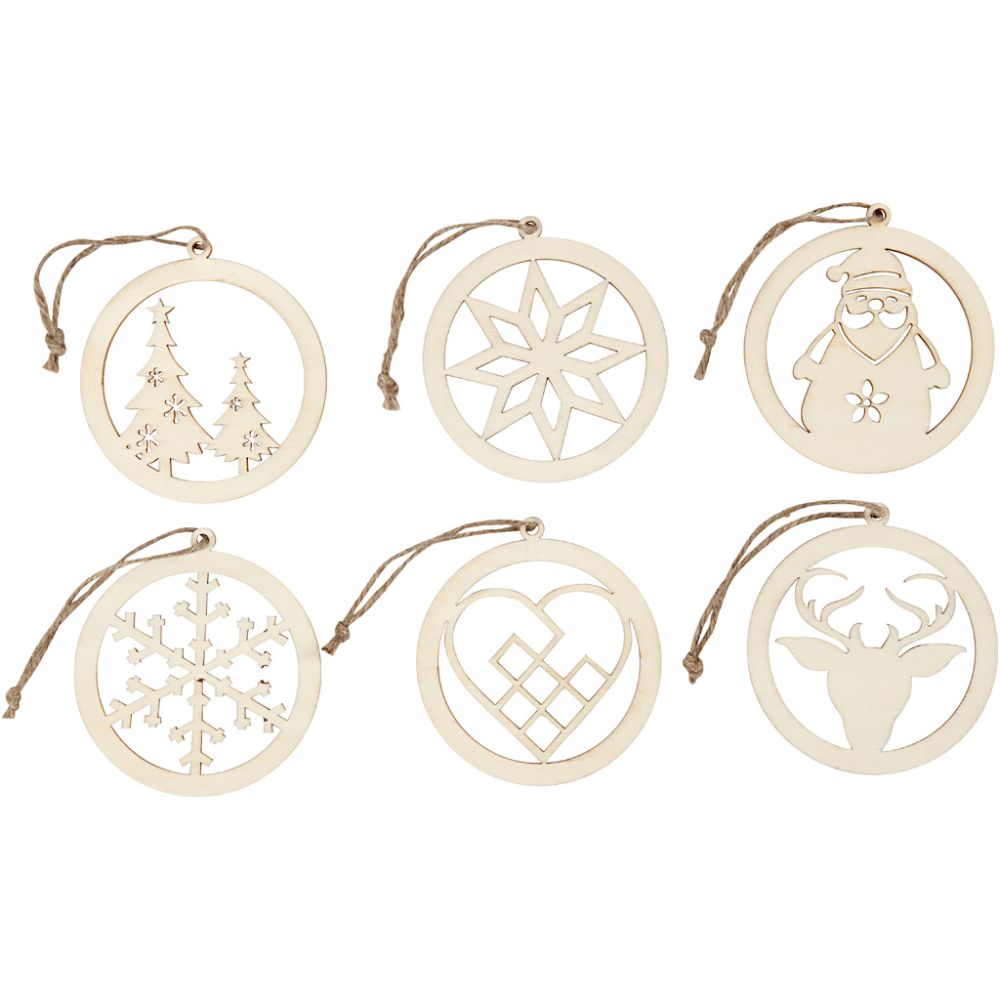 Wooden Christmas Ornaments 8cm (6 Pack)