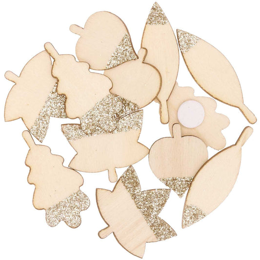 WOODEN STICKERS LEAVES MIX WITH GLITTER GOLD 