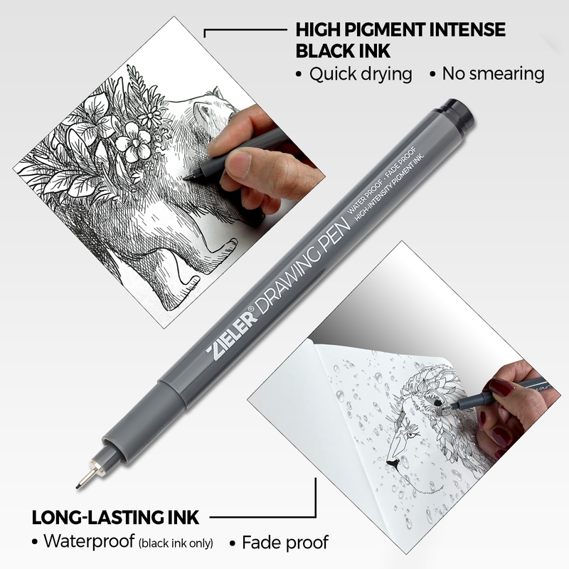 Zieler 12 Fineliner Drawing Pens - Black, Sepia, Grey