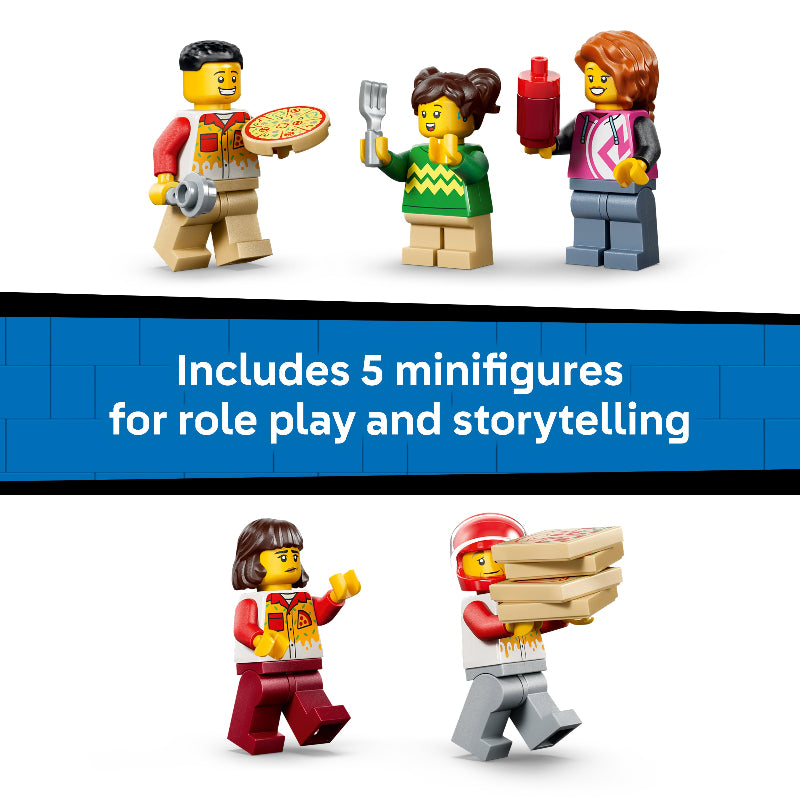 LEGO minifigures including a pizza delivery person, a customer, and a pizza store employee on a white background.