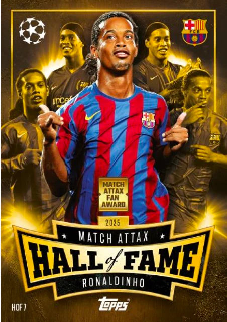 Card featuring Ronaldinho with Barcelona jersey, surrounded by other players, on a dark background with 'Match Attax Hall of Fame' text.