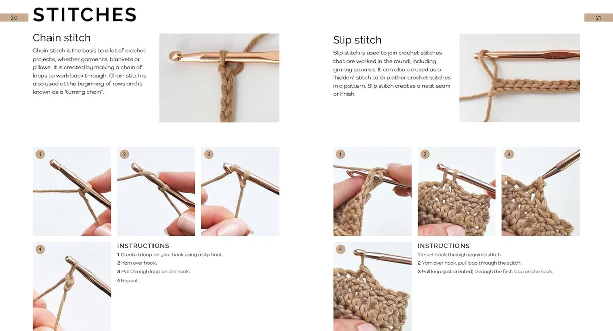 Illustrations of crochet stitches with text instructions on a white background