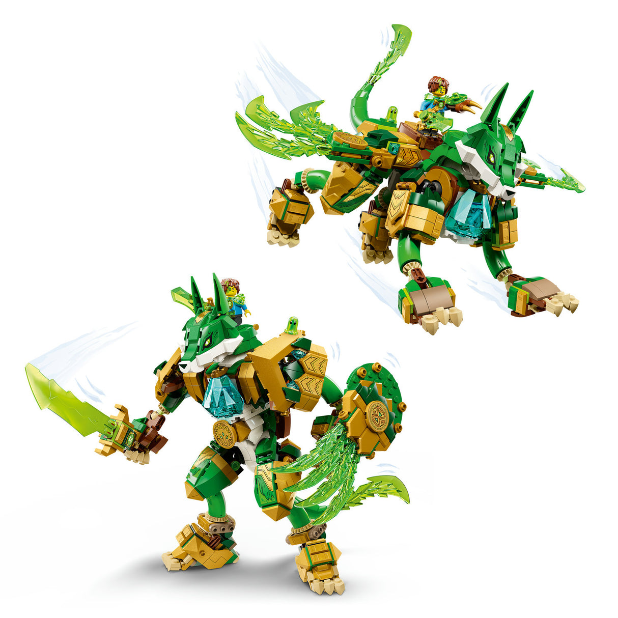 Green and yellow robot dragon toy on a white background