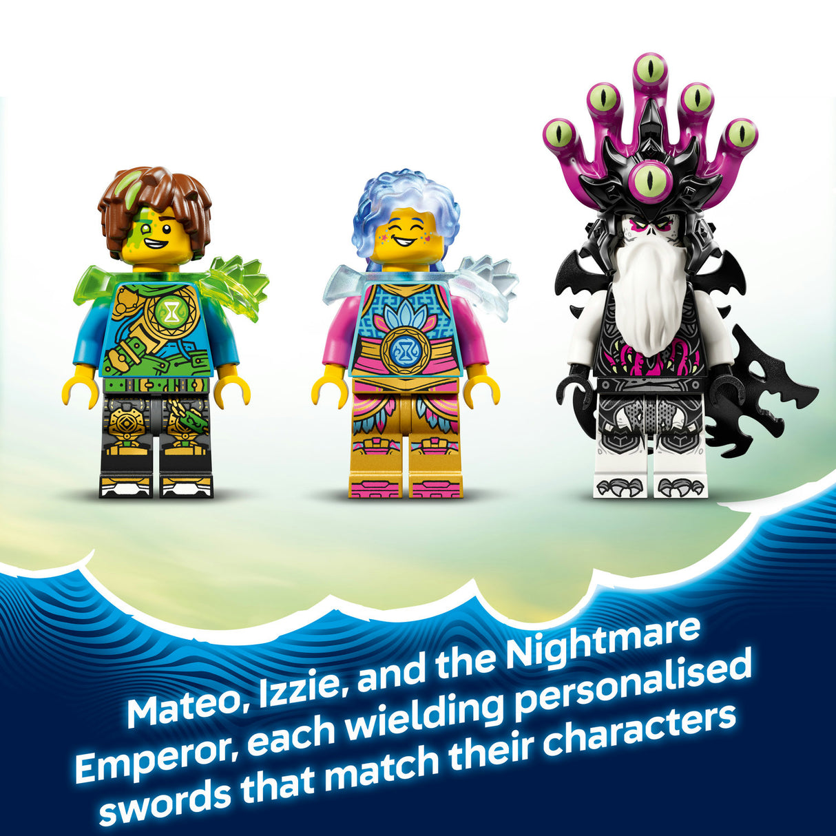 Three colorful LEGO figures with swords on a white background