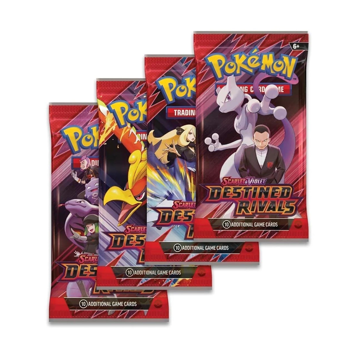 Three packs of Pokémon trading cards with colorful designs on a white background