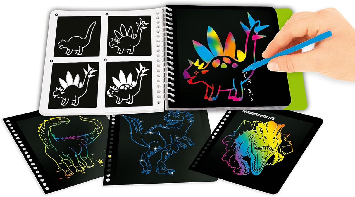 Colorful scratch art set with dinosaur designs and a hand using a blue pen to scratch off the layers.