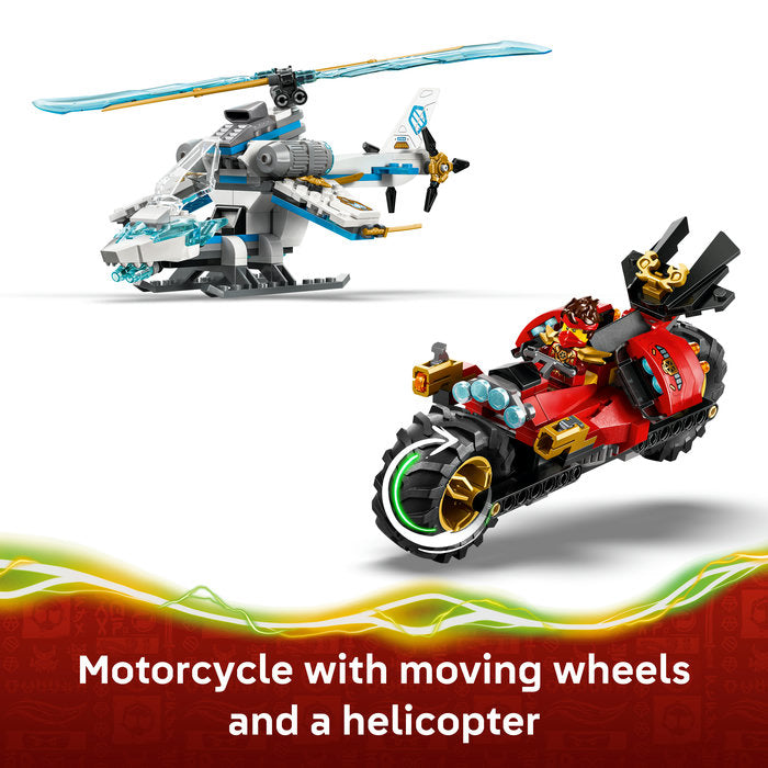 Toy motorcycle with moving wheels and a helicopter on a white background