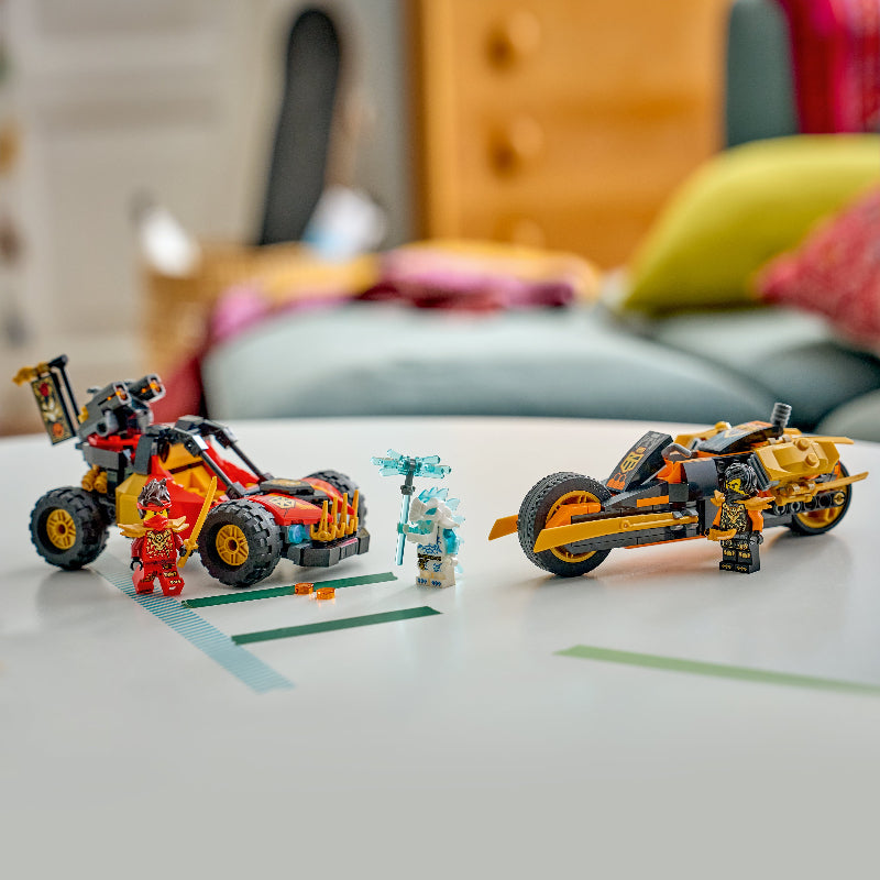 Toy vehicles and figures on a table with a blurred indoor background