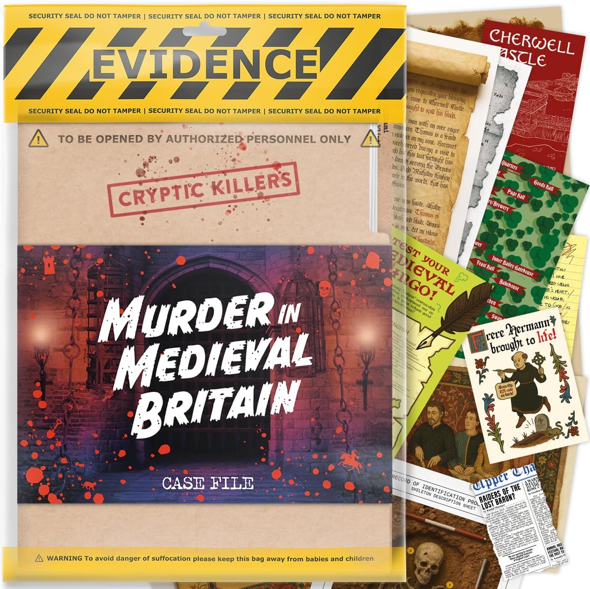 Investigative kit with 'Evidence' box, 'Cryptic Killers' folder, and various documents on a white background.