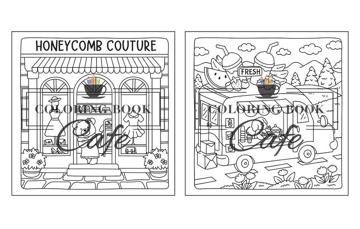 Two black-and-white line-art coloring book pages shown side by side. The left page depicts a storefront labeled 'HONEYCOMB COUTURE' with a person standing in front; the right page shows a truck with a bowl of fruit and the words 'FRESH' and 'COLORING BOOK' overlaid in large script.