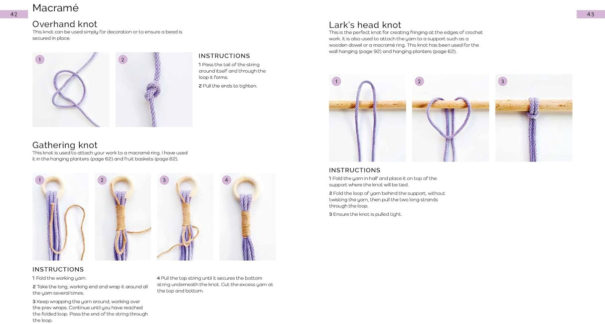 Instructions for macramé knots including overhand, lark's head, and gathering knots.