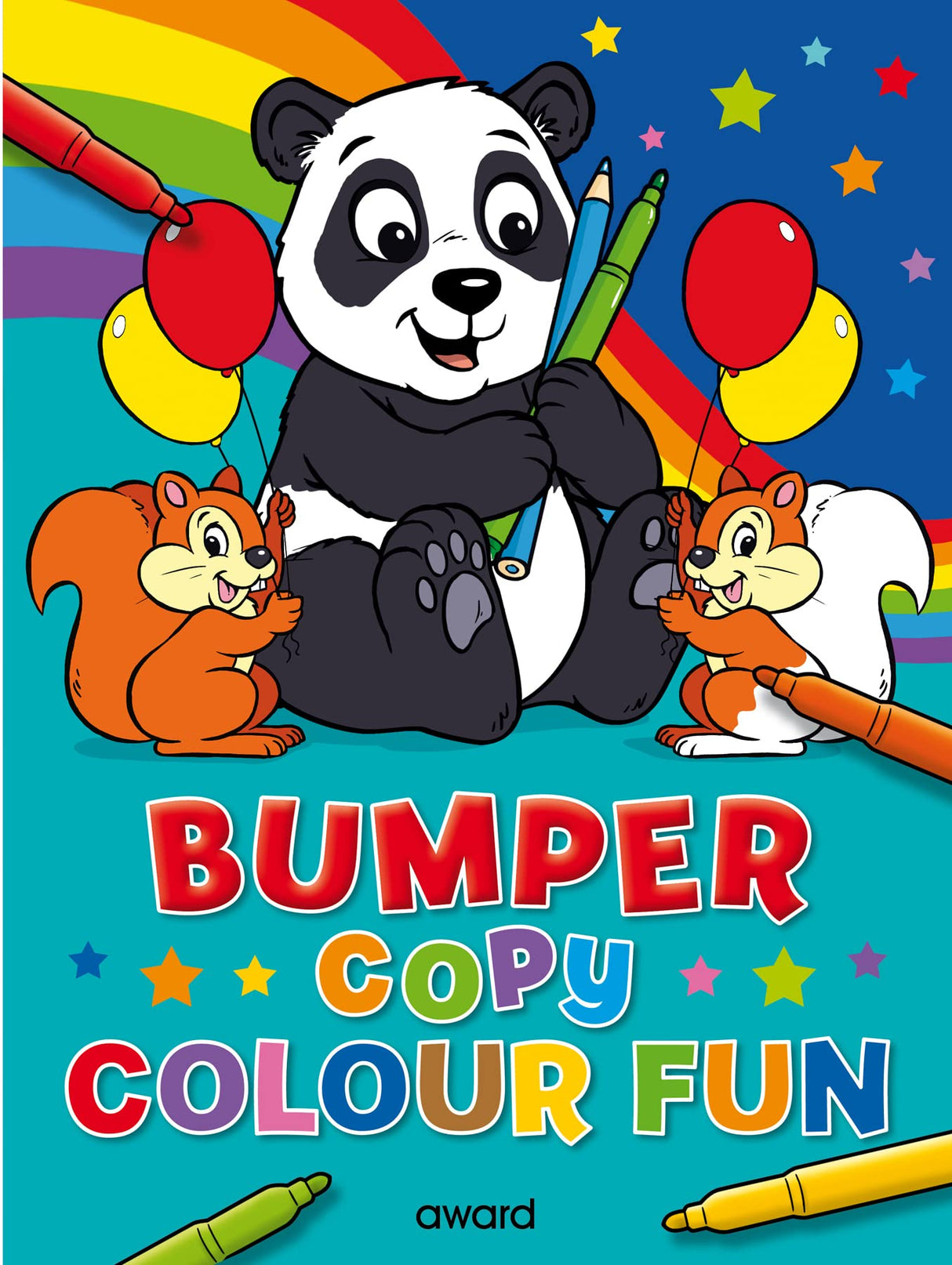 Children's book cover with a panda, squirrels, and colorful text on a blue background