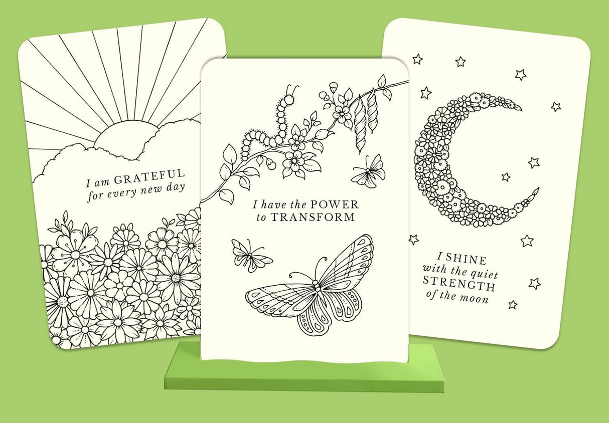 Three coloring cards with motivational phrases on a green background