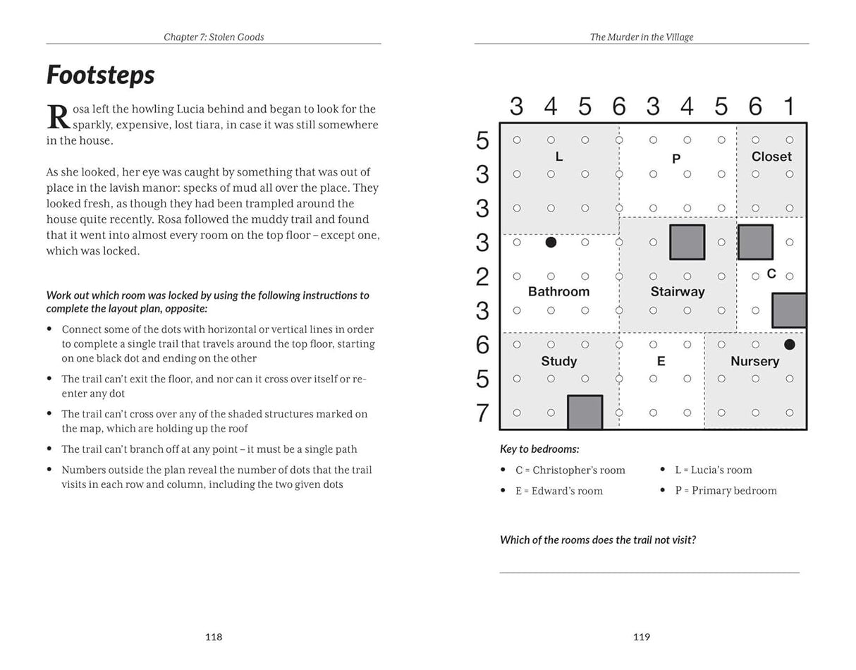 Page from a book with a puzzle involving footprints and room layout.
