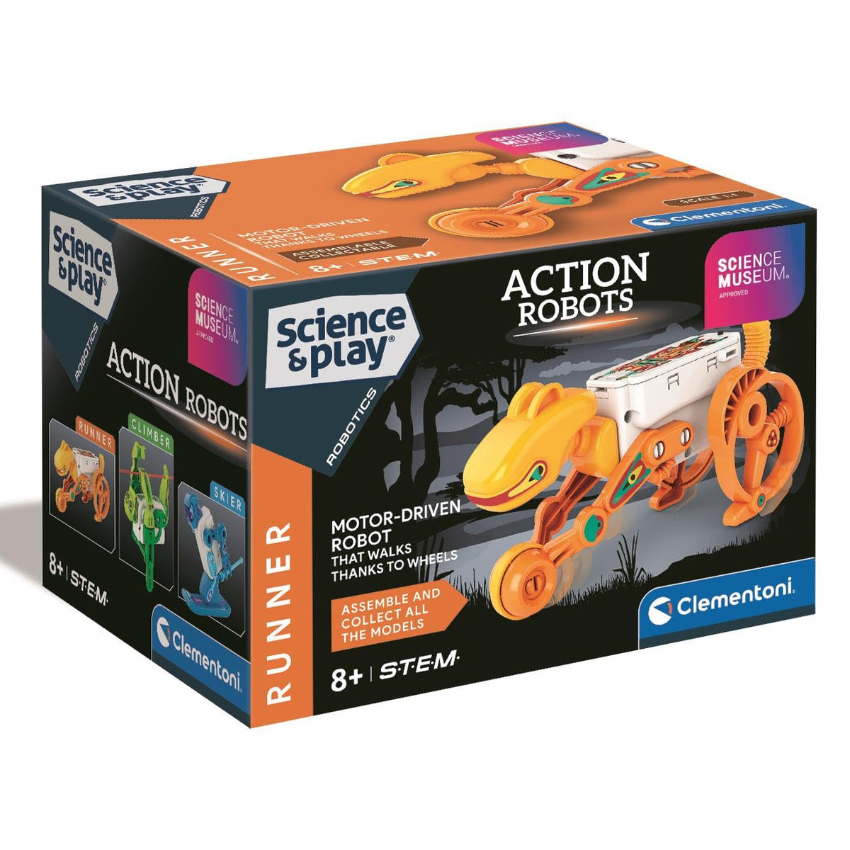 Clementoni Science & Play Action Robots Runner toy box, featuring a motor-driven robot that walks on wheels, with orange, black, and white packaging.