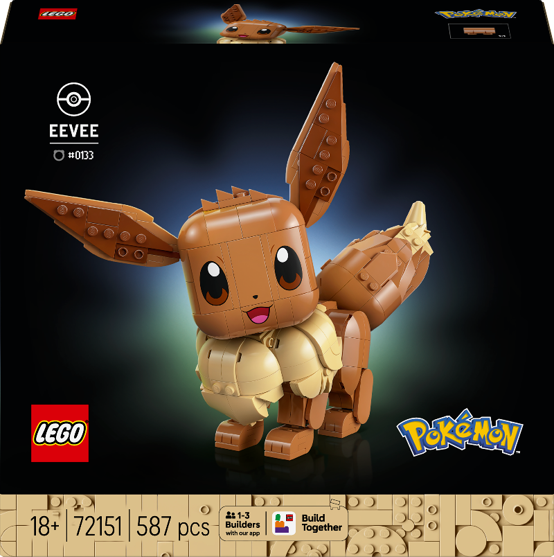LEGO Eevee figure from Pokémon on a dark background with LEGO and Pokémon logos.