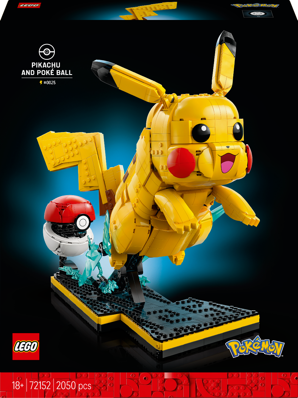 LEGO Pikachu and Poké Ball set on a dark background with LEGO and Pokémon logos.