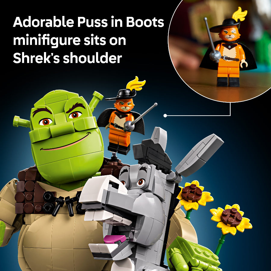 LEGO Shrek with Puss in Boots minifigure on his shoulder against a dark blue background.