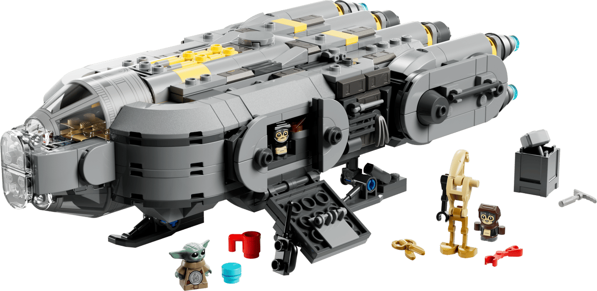 Toy spaceship model with figures on a transparent background