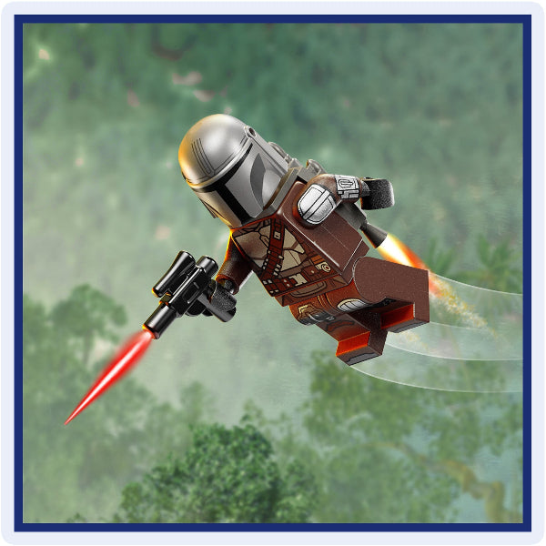 Toy figure of a character with a jetpack in an outdoor setting