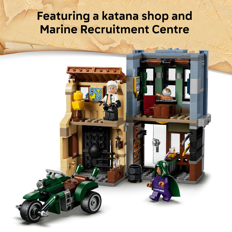 A LEGO-style katana shop and Marine Recruitment Centre building set shown on a white background with a tan textured banner at the top. The set includes a green motorcycle, a green-haired minifigure, an elderly man minifigure, and a two-story open shop structure with interior rooms and details.