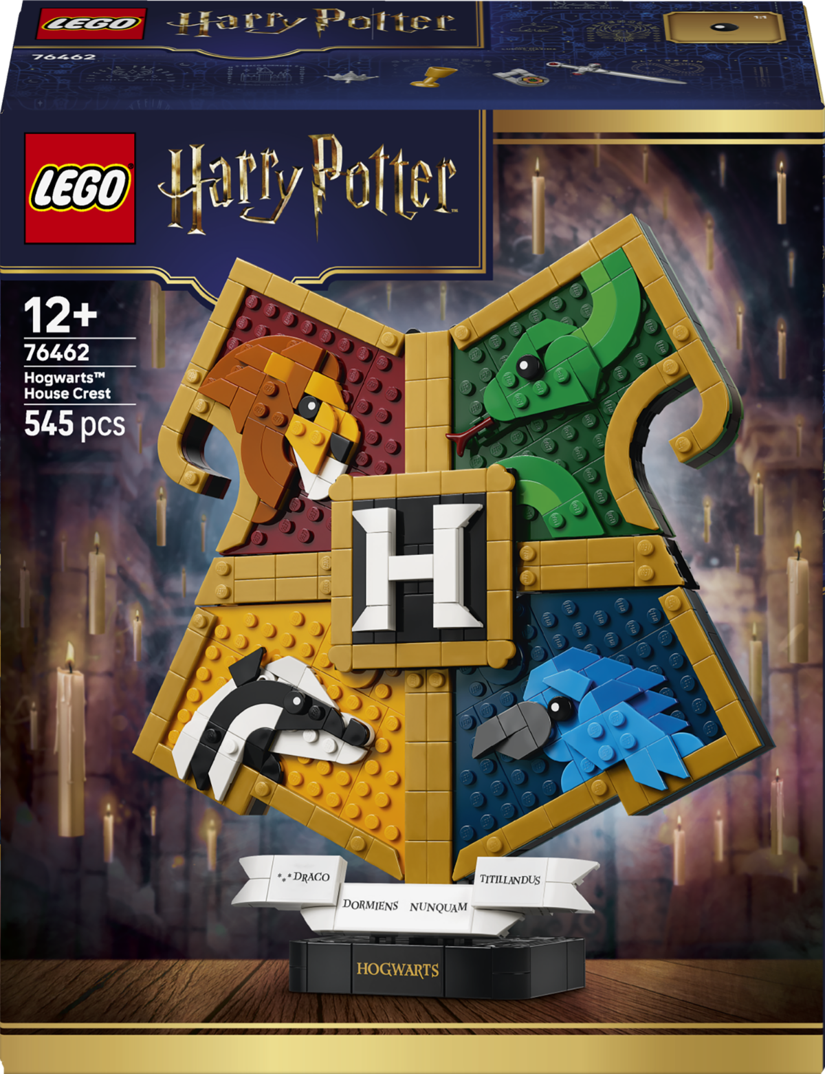 LEGO Harry Potter Hogwarts House Crest set packaging with colorful design and 'H' emblem.