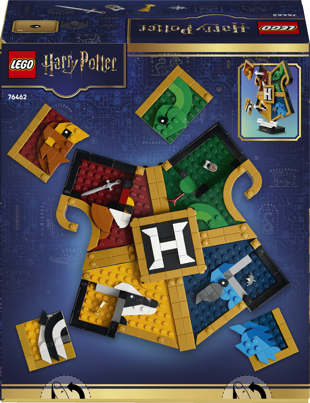LEGO Harry Potter set packaging with various pieces and 'H' logo on a blue background