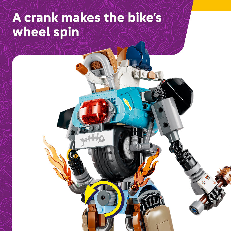 Toy bike model with mechanical components and flames, educational text about cranks and wheels.