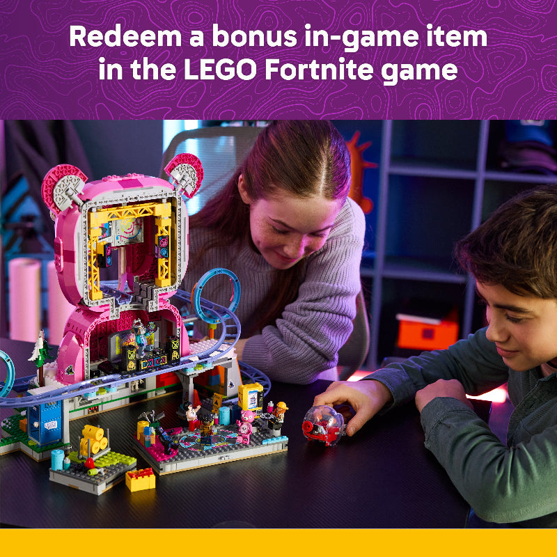Two children playing with a LEGO set, with text about redeeming a bonus in-game item in the LEGO Fortnite game.