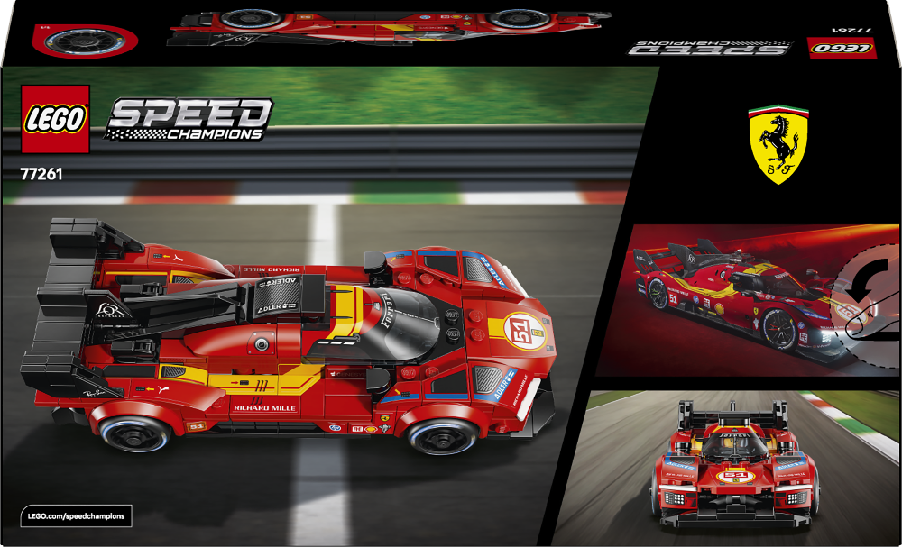 LEGO Speed Champions Ferrari 488 GT3 model kit packaging with Ferrari logo.