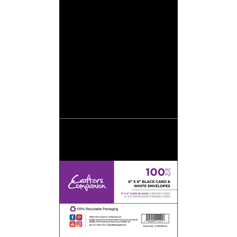Crafter's Companion 6"x6" Black Card & White Envelopes (100)