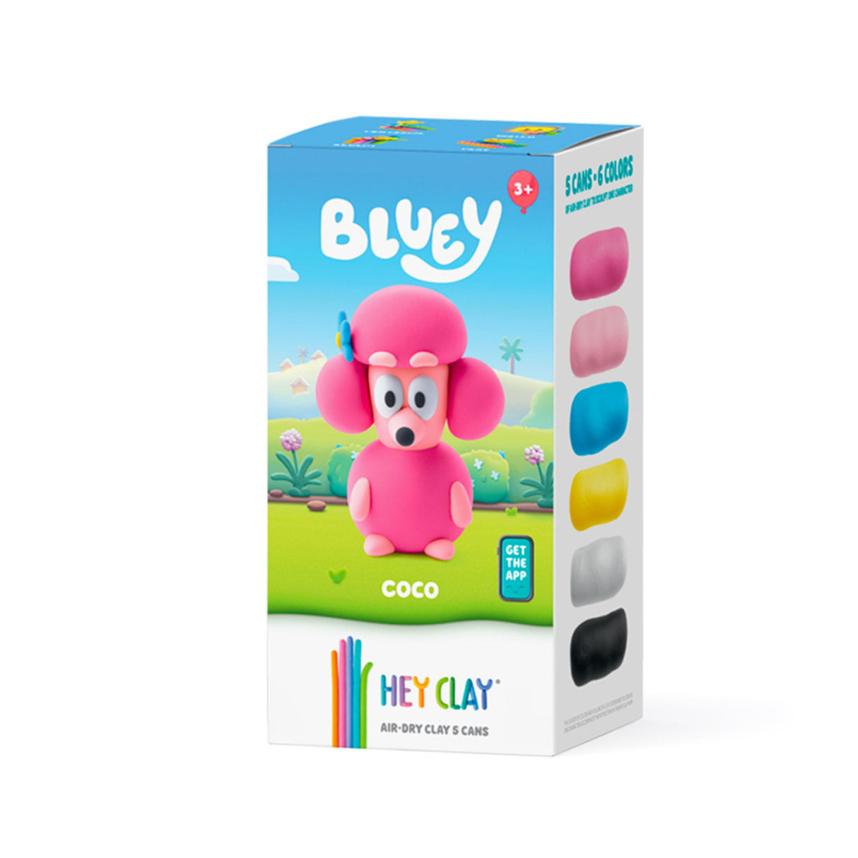 Box of Hey Clay Bluey figurine with colorful hair-dry clay cans on a white background
