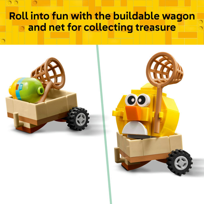 Toy character with a buildable wagon and net on a yellow and white background