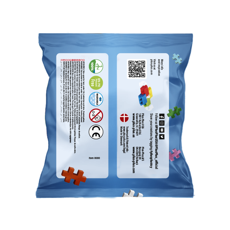 Blue package with a white label featuring various symbols and text on a white background