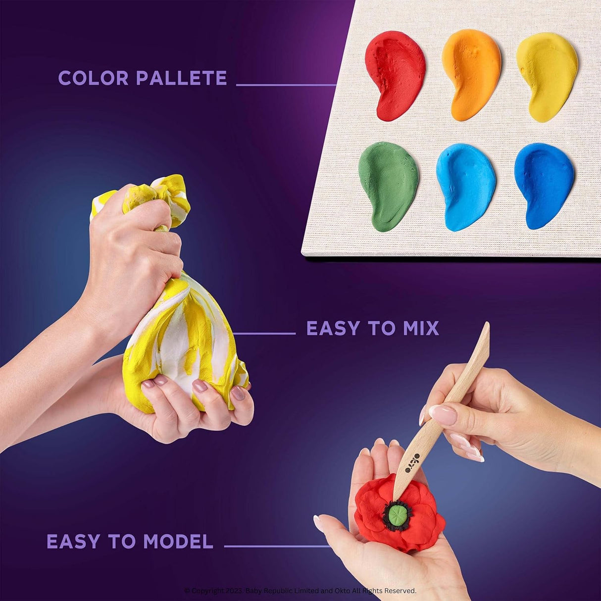 Colorful play dough with hands shaping it and a color palette on a purple background