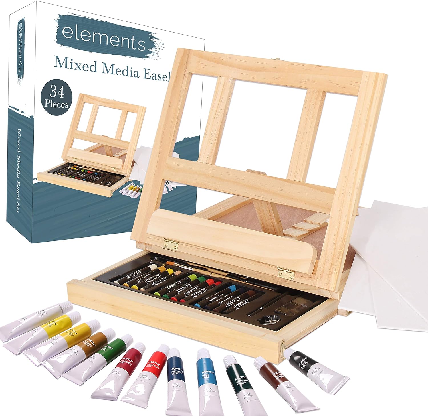 Mixed Media Art Set - 34 Piece, Easel Painting Kit with Wood Table Desk Top  Easel Box Includes Acrylic Paints, 3 Canvas Boards, Pastels, Desktop Art