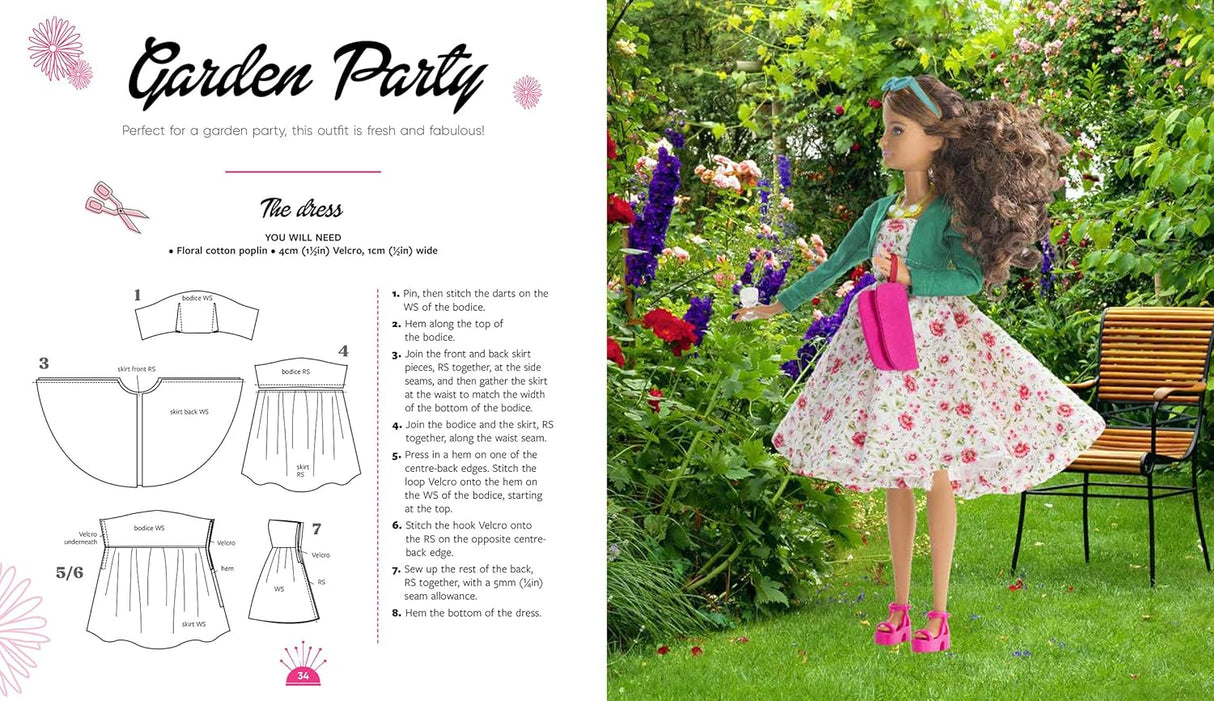 Illustration of a dress pattern on the left with a doll wearing a floral dress in a garden setting on the right.