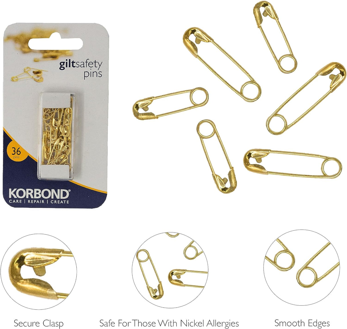 Korbond Gilt Safety Pins