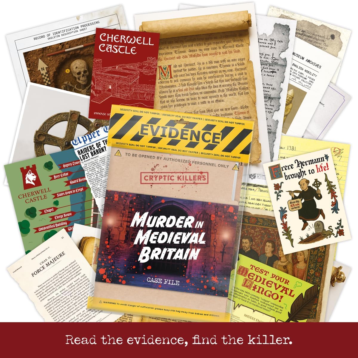 Collection of items related to a mystery game set in medieval Britain, including cards and a book titled 'Murder in Medieval Britain'.