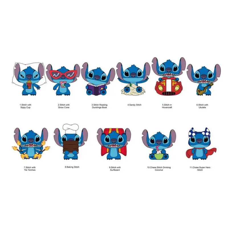 Set of 11 Stitch action figures in various poses and outfits on a white background