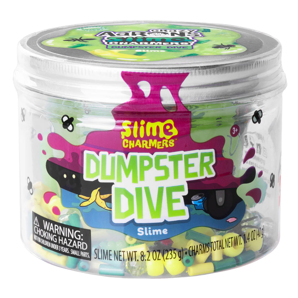 Jar of Slime Charmers 'Dumpster Dive' slime with colorful design and warning label.