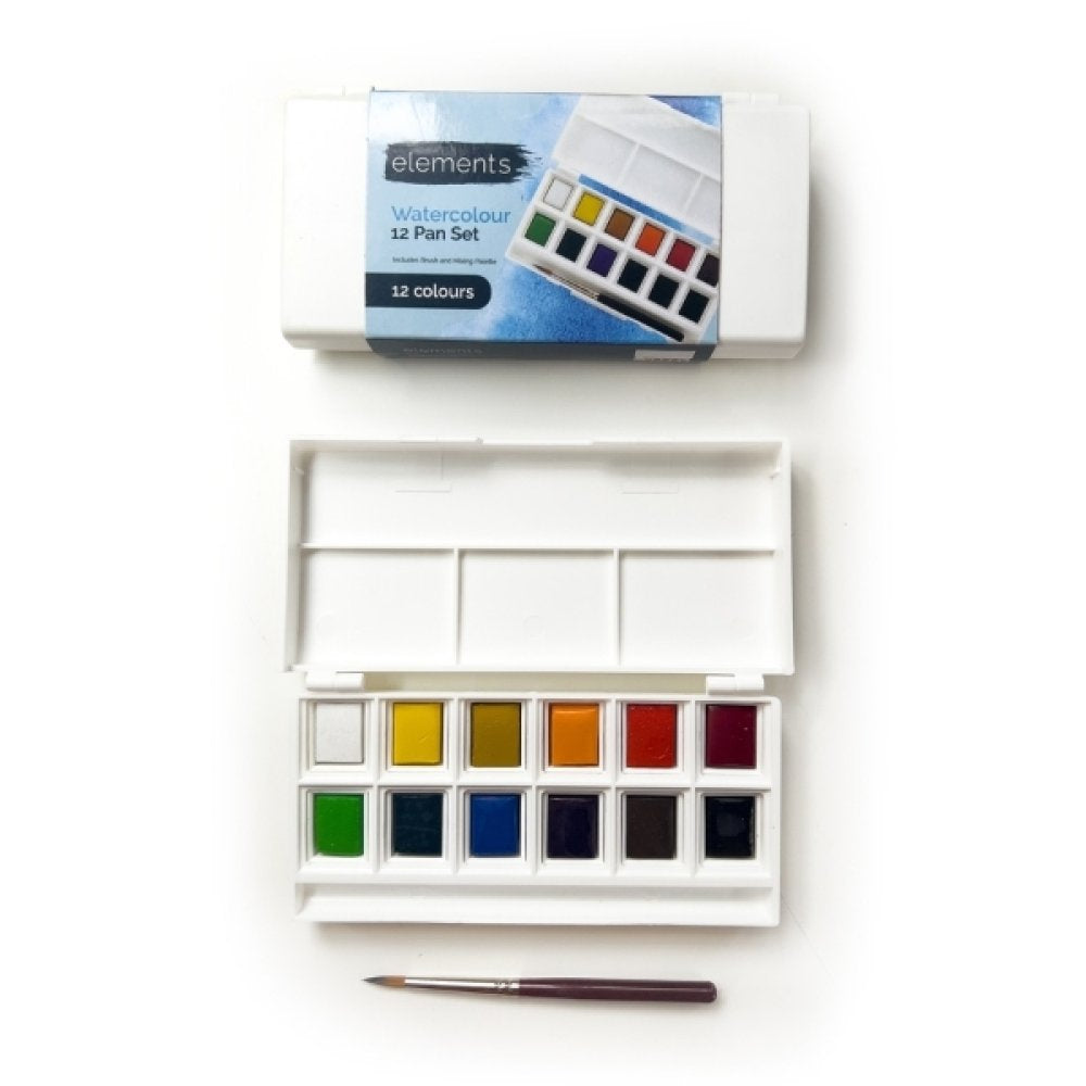 Elements Watercolour 12 Half Pan Set with Mini Brush