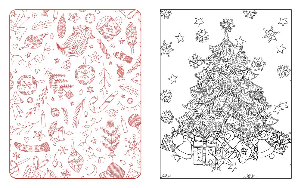 Two square panels showing Christmas-themed line art illustrations. The left panel has a red border and contains scattered festive doodles including ornaments, candy canes, stars, and gifts on a white background.