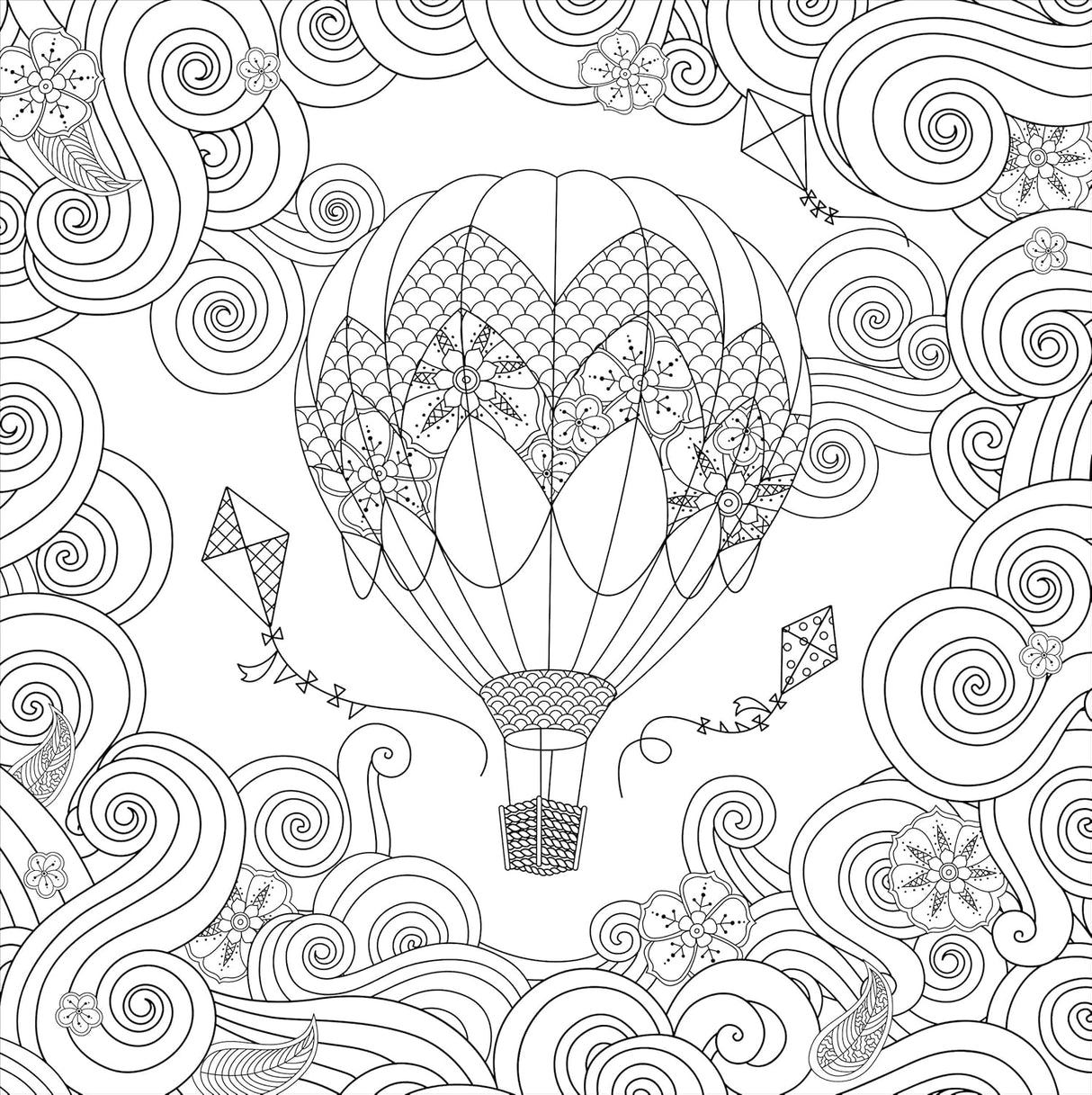Coloring page with a hot air balloon and kites against a swirl patterned background