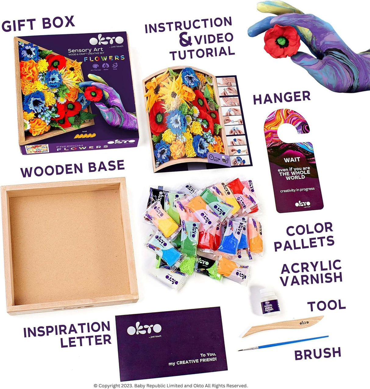 A collage showing the contents of an Oto Creative Friends Sensory Art Flowers Kit, including a wooden base box, acrylic paint palettes, acrylic varnish, a paintbrush, an instruction and video tutorial booklet, a hanger, and an inspiration letter, all arranged on a white background with text labels.