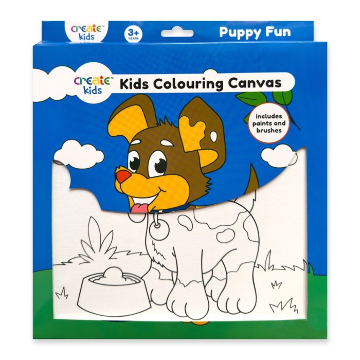 Create Kids Kids Colouring Canvas with a puppy design on a blue background