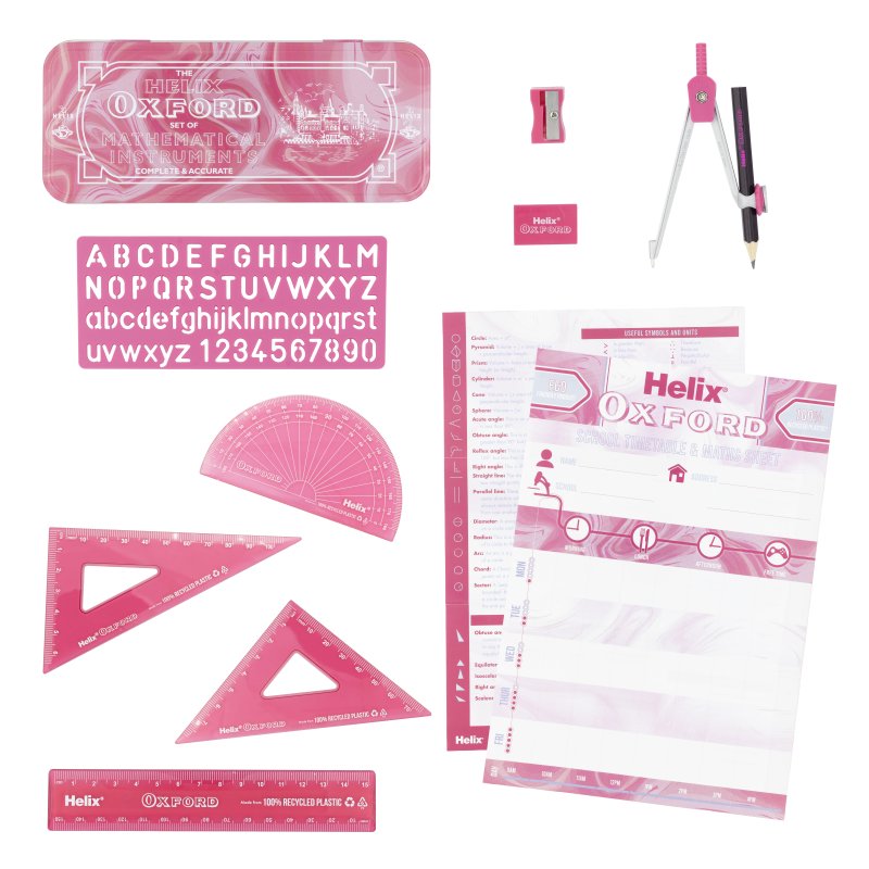 Collection of pink stationery items including rulers, protractor, and letter and number sets on a white background.