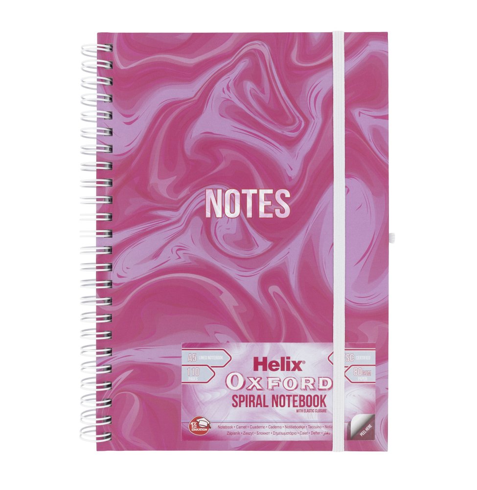 Pink and white marbled notebook with 'Helix Oxford Spiral Notebook' branding on a white background